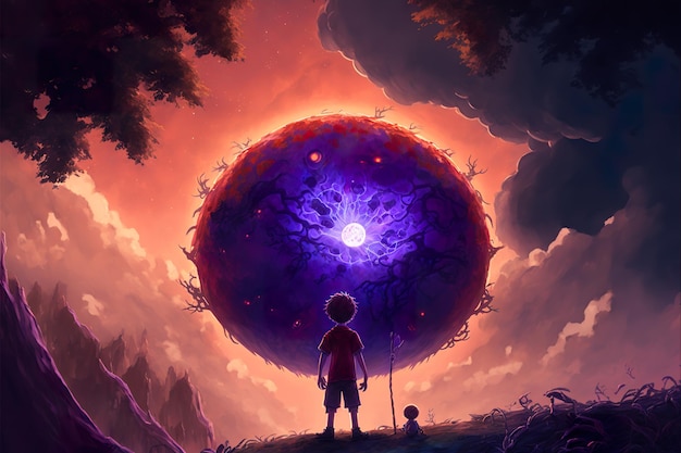 Волшебный фэнтезийный мальчик с волшебным шаровым деревом