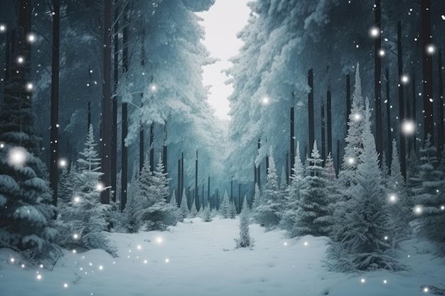 A magical fantasy christmas forest with trees and snow