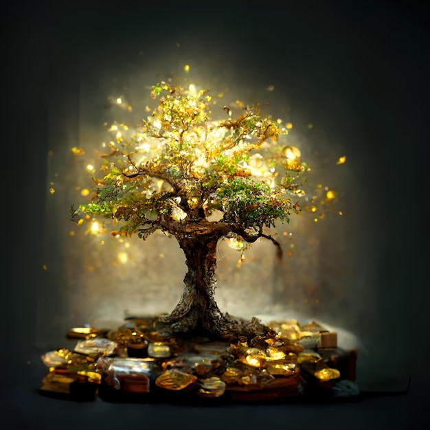 Фото Волшебная фэнтезийная монета, драгоценное дерево, концепция денежных вложений