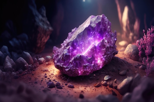 Magical fantasy crystal amethyst mystical glows from the inside Natural purple crystal stone in the forest cave a gemstone 3d illustration