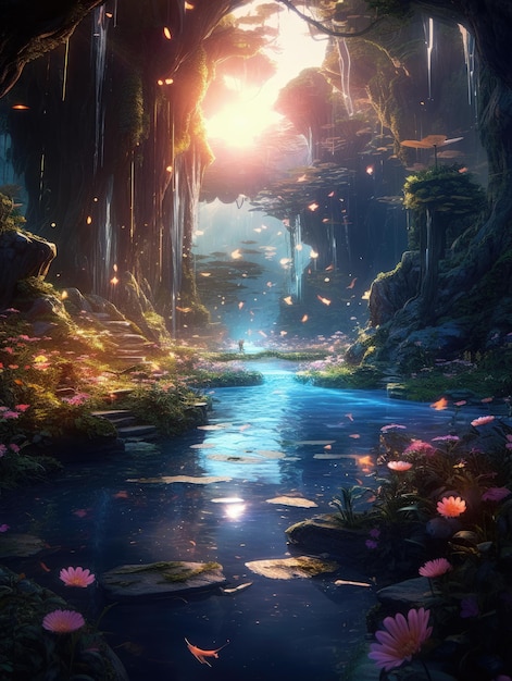 Magical fantasy fairy tale scenery night in a forest