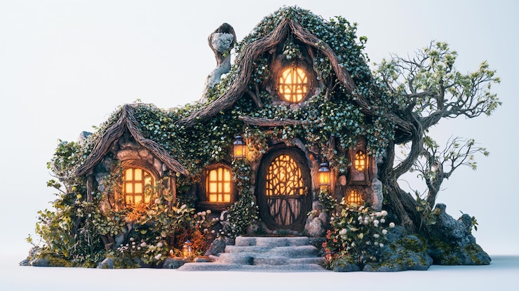 Foto magical fantasy house 3d-weergaven voor creatieve inspiratie