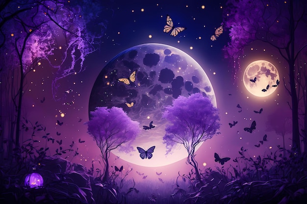 Magical fantasy romantic night background with full moon and glowing butterflies in bubble wallpaper