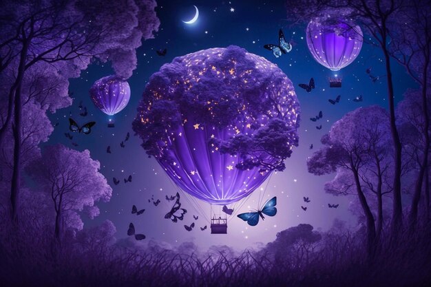 Magical fantasy romantic night background with full moon and glowing butterflies in bubble wallpaper