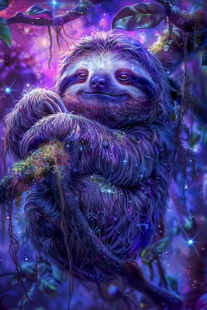 Magical Fantasy Sloth in Enchanted Purple Forest with Twinkling Lights and Lush Foliage