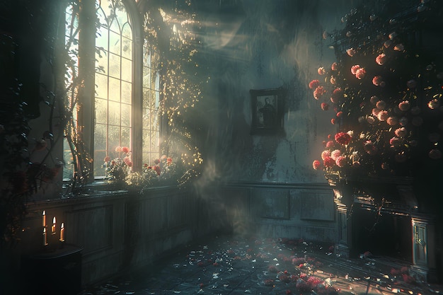 magical fantasy vintage room with bushes of pink roses and sun rays in window
