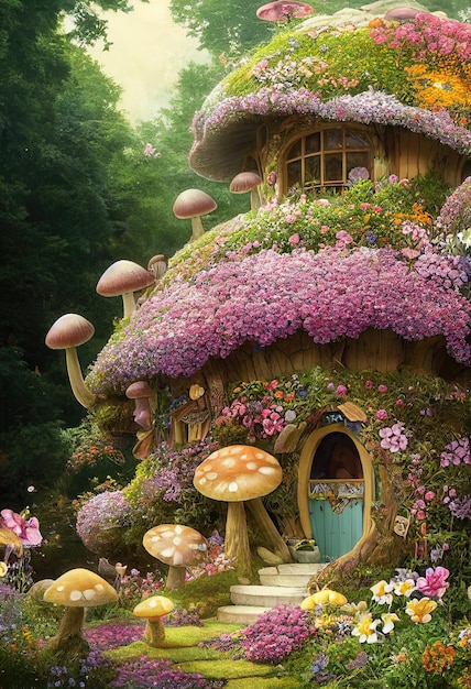 緑の神秘的な森の中におとぎ話の家とハエたたきがある魔法のファンタジーの世界
