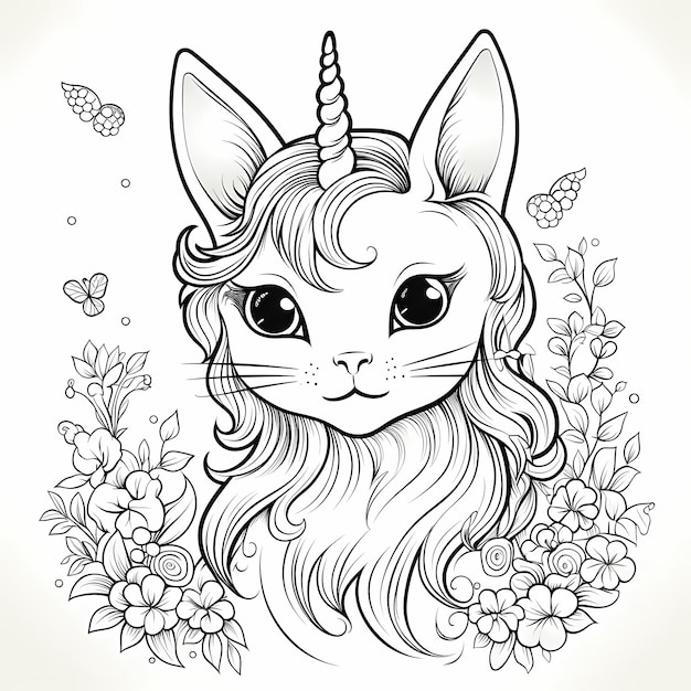 Magical Feline Fantasy Realistic Unicorn Cat Coloring Page