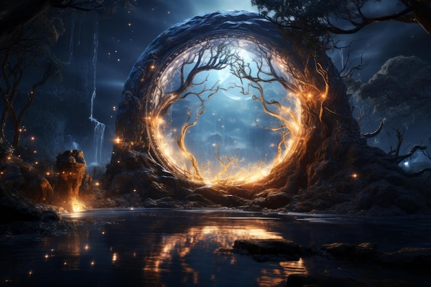 Photo magical fire portal in the shape of a circle in mystical dark forest magic lights fantasy gate gatew...