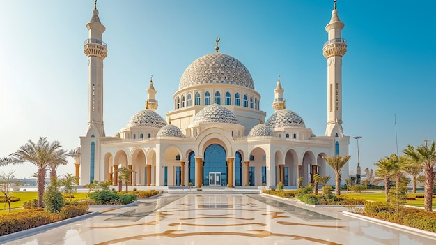 Magical fire sunset panoramic view of Sheikh Zayed Grand Mosque Abu Dhabi United Arab Emirates at su