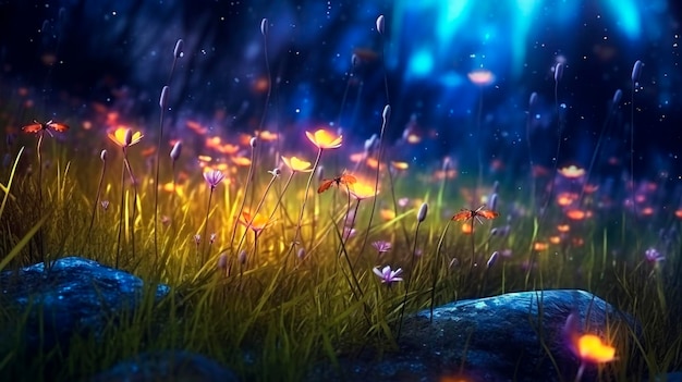 Magical firefly field at night Lightning bugs in an enchanted landscape Abstract glowing wallpaper background Generative AI