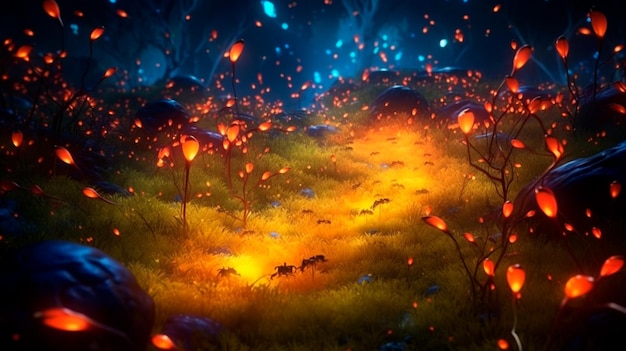 夜の魔法のホタル畑魅惑的な風景の中の稲妻の虫抽象的な輝く壁紙の背景生成 AI