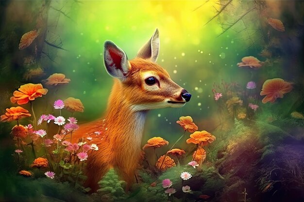 Magical Forest of Beauty A Majestic Artwork of Nature with Flowers Wildlife and Friendly