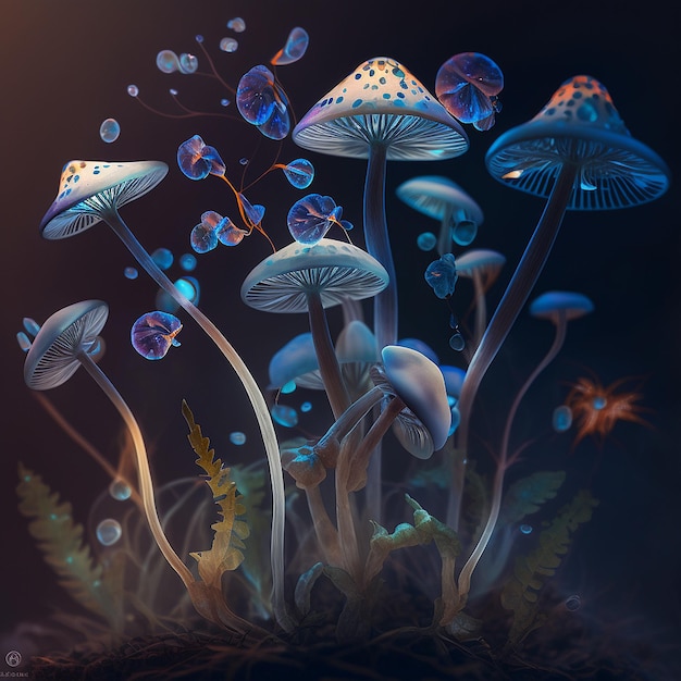 Magical forest blue glowing mushrooms flowers pictures AI Generated image