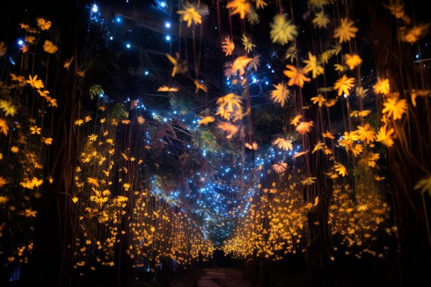 Photo magical forest canopy illuminated by fireflies