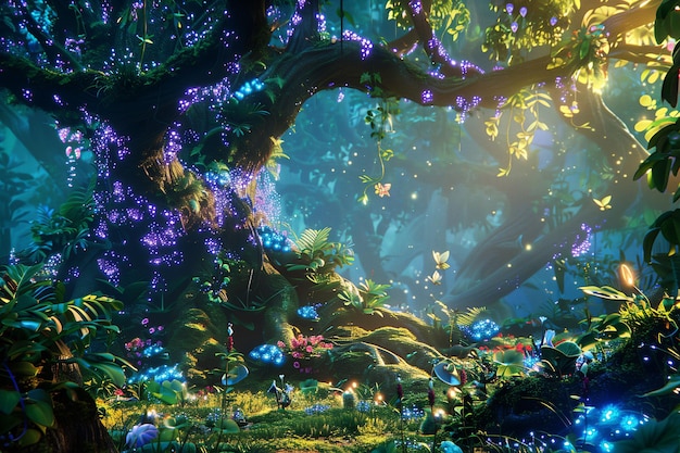 magical forest comes to life with glowing plants and whimsical creatures