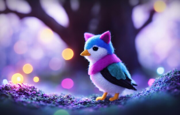 Magical forest felt diorama with a cute bird on the forest floor