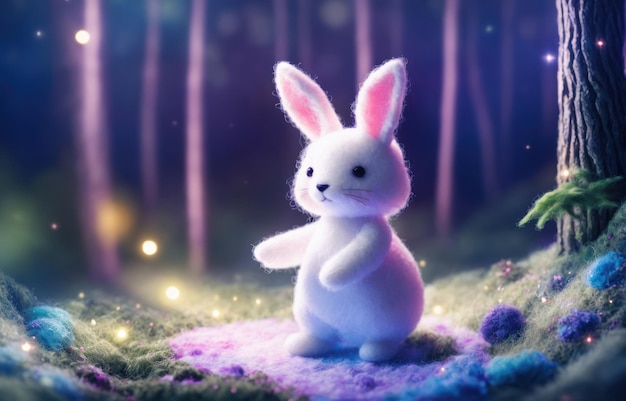 Magical forest felt diorama with a cute bunny standing