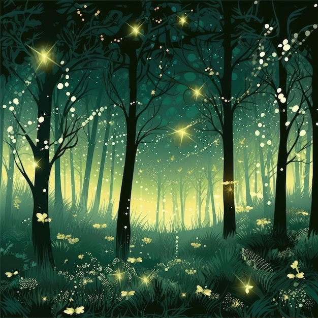Волшебный лес, наполненный светящимися светлячками, генерирующий искусственный интеллект