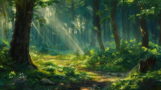 A magical forest glade illuminated by shafts of sunlight filtering through the canopy casting dappled shadows on the forest floor a serene natural sanctuary