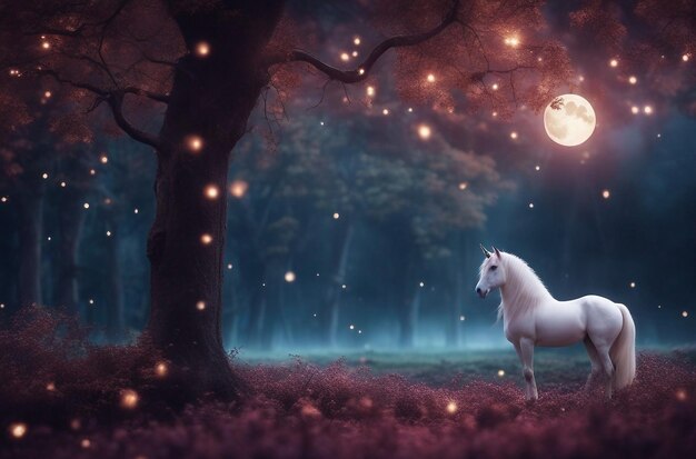 a magical forest glade where a unicorn grazes peacefully under a moonlit sky