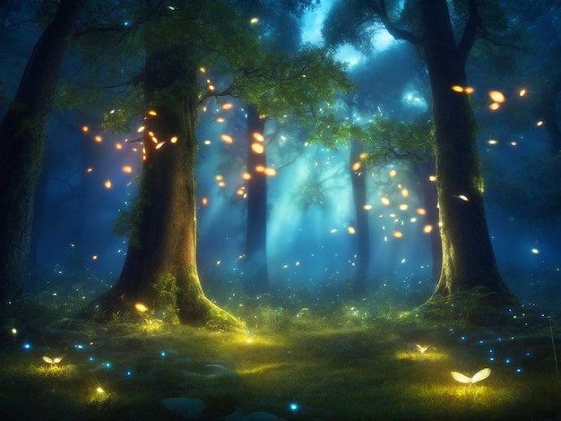 A magical forest glade with glowing fireflies whimsical creatures and an enchanting atmosphere