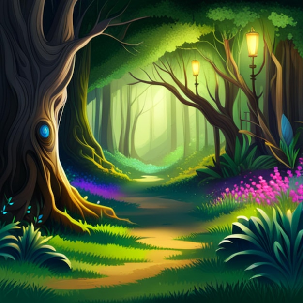 A magical forest glade with glowing fireflies whimsical creatures and an enchanting atmosphere