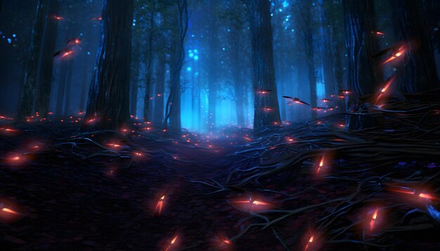 Magical forest illuminated by glowing flies lights