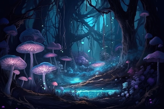 Magical forest at night Bioluminescent fungi and glowing flowers Generative AI