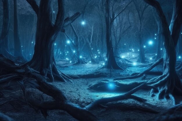 Magical forest at night Bioluminescent fungi and glowing flowers neon colors Generative AI