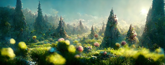 Magical forest panorama with trees and green meadow