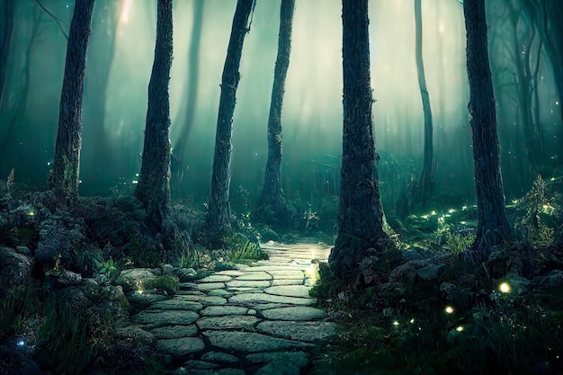 빛나는 반딧불이가 있는 마법의 숲길 밤 마법의 판타지 숲 숲 풍경