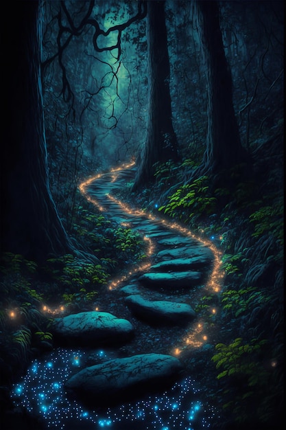 Magical forest path with glowing fireflies night magical fantasy forest forest landscape