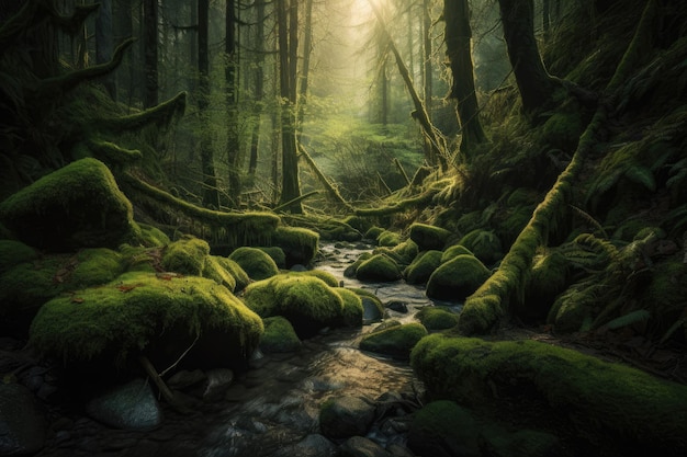 Magical forest reveals rich tapestry of natural textures trees leaves moss generative IA