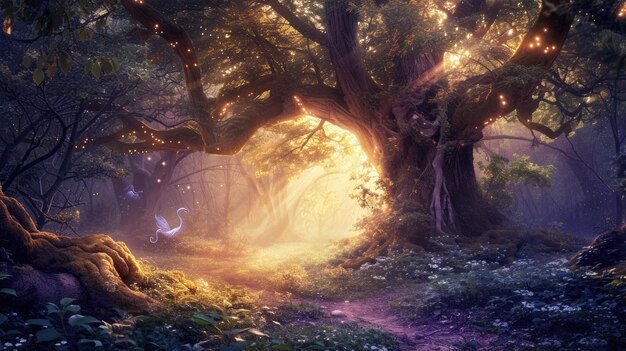 Волшебный лес в сумерках эфирный свет блестящий