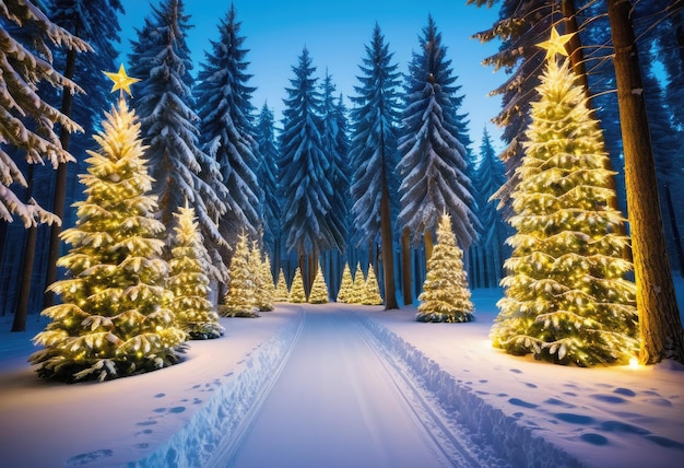 A magical forest where Christmas trees are decorated with glowing ornaments and draped in lights