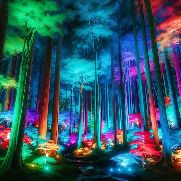 Foto una foresta magica dove gli alberi brillano con colori diversi