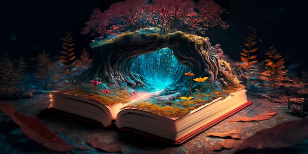 나무 그루터기에 숨겨진 책이 있는 마법의 숲 Generative AI