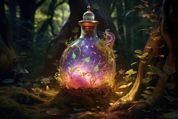 Photo magical forest with a bottle of magic potions