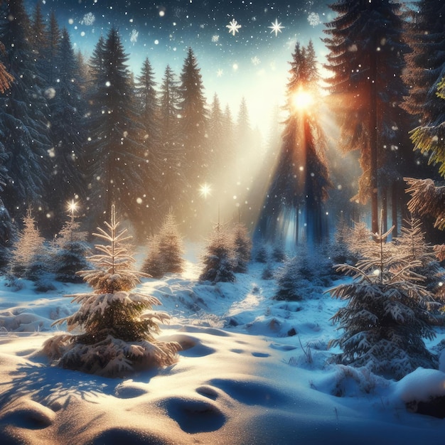 Фото Волшебный лес с рождественскими деревьями и светящимися огнями