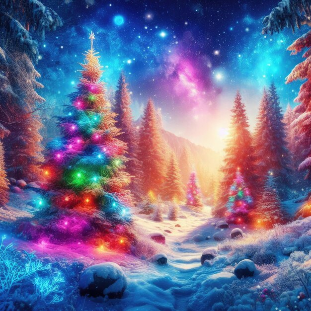 Photo magical forest with christmas trees and glowing lights