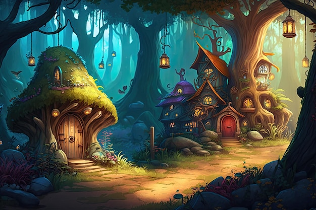 Magical forest with elf village where fairies and other magical creatures live created with generative ai