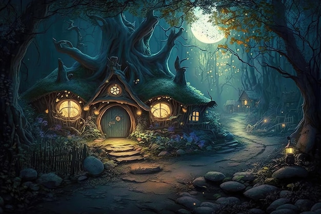 Magical forest with elf village where fairies and other magical creatures live