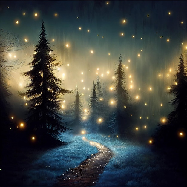 Magical forest with fairy lights 3d illustration path with firefly among dark trees background fantasy landscape with soft yellow light