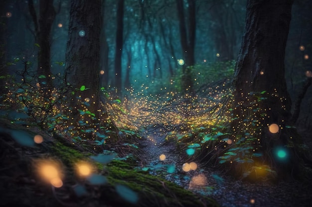 빛나는 먼지가 있는 마법의 숲
