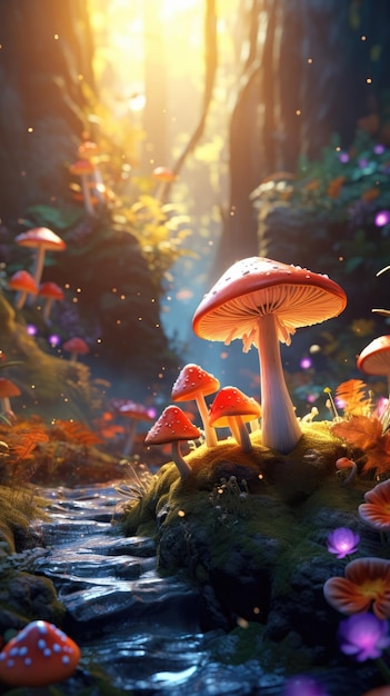 волшебный лес с светящимися грибами и очаровательными существами