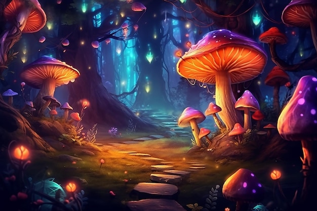 a magical forest with glowing mushrooms and fairies AI generated