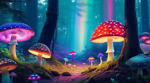 A magical forest with glowing mushrooms and a rainbow of colors