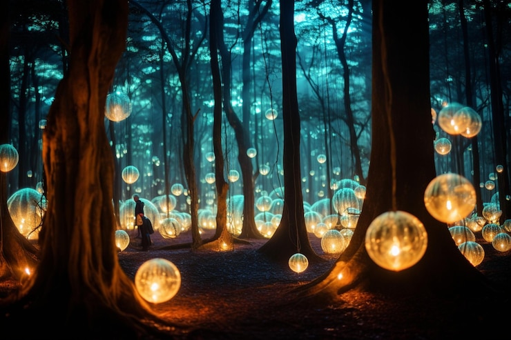 Photo magical forest with glowing orbs and tall tree