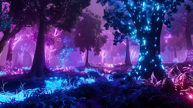 Photo a magical forest with glowing trees and flowers the blue and purple colors create a surreal and dreamy atmosphere
